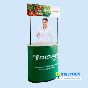 Modulo Publicitario Curvo con mesa MDF 90x90cm y letrero superior con su maletín, Stand Portátil.