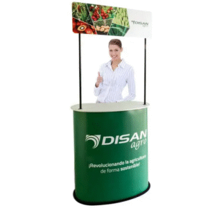Modulo Publicitario Curvo con mesa MDF y letrero superior con su maletín, Stand Portátil.